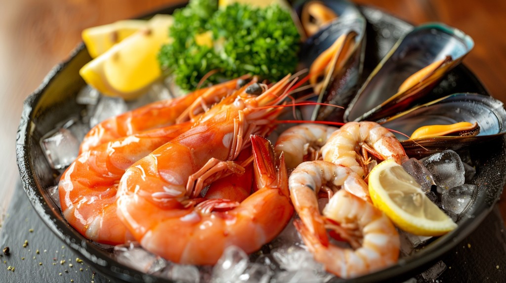 Ассорти из свежих морепродуктов: креветки, мидии и лимон для сбалансированного рациона